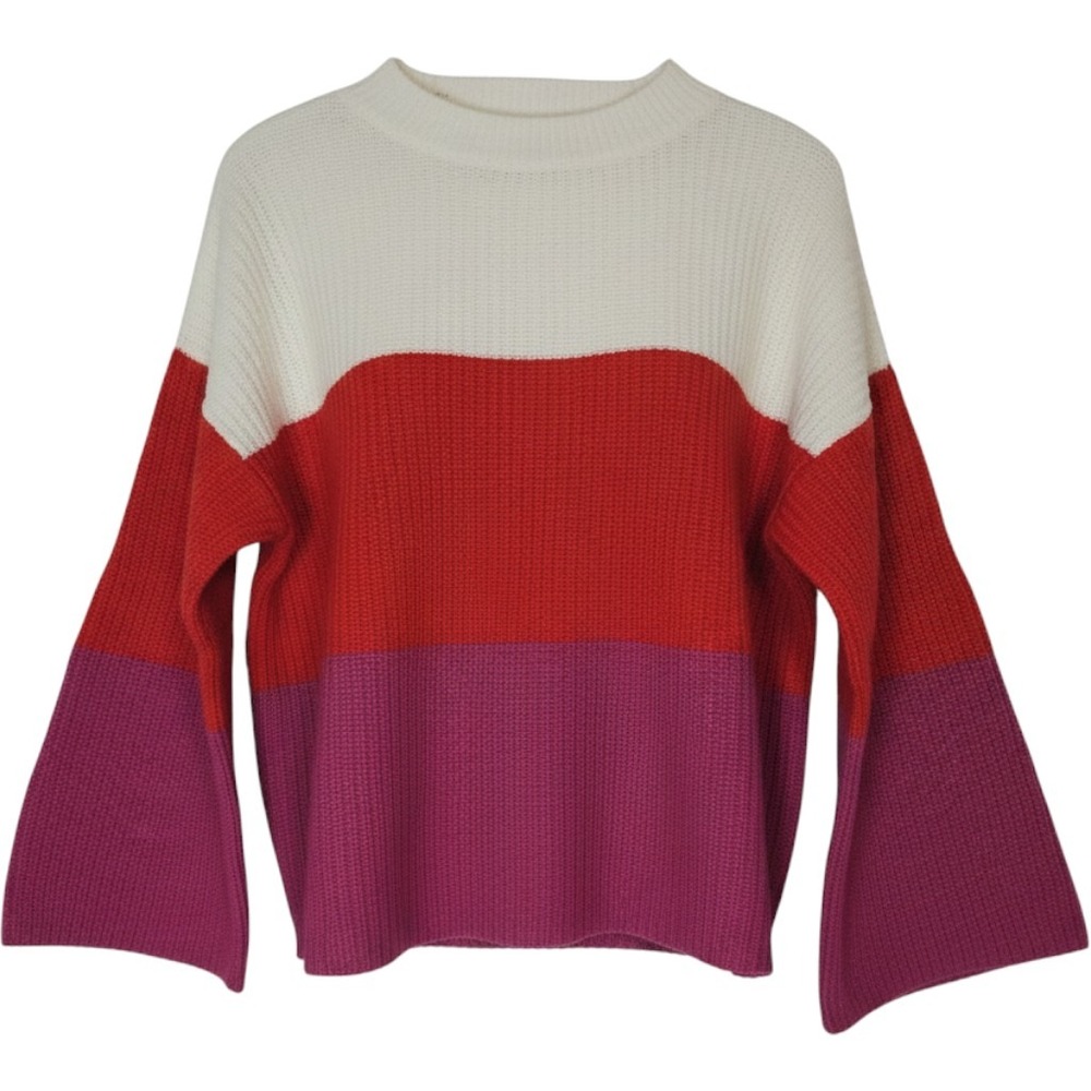 Brittany Humble Sweater Colorblock Bell Sleeve Ribbed Knit Pullover Boho Magenta